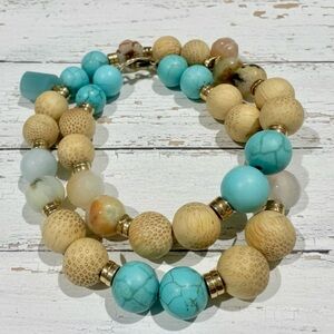 Double Wrap Wood, Aquamarine, & Gold Hematite Bracelet w/Sunstone Charms